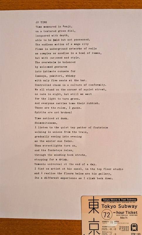 JP Time — a typewritten poem beginning 'Time measured in Kanji'.