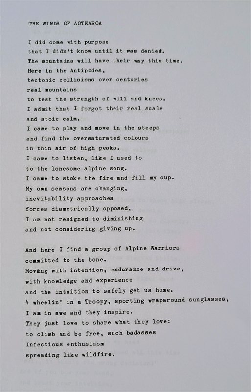 The Winds of Aotearoa — a typewritten poem beginning 'I did come with purpose'.